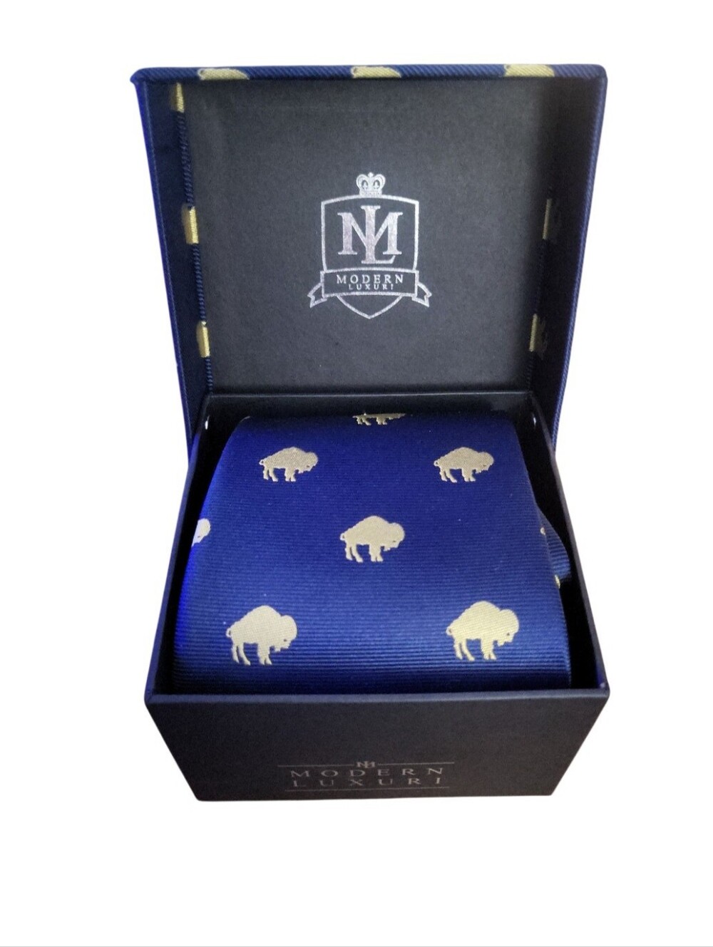 Modern Luxuri Blue & Gold Buffalo Silk Boxed Necktie NEW